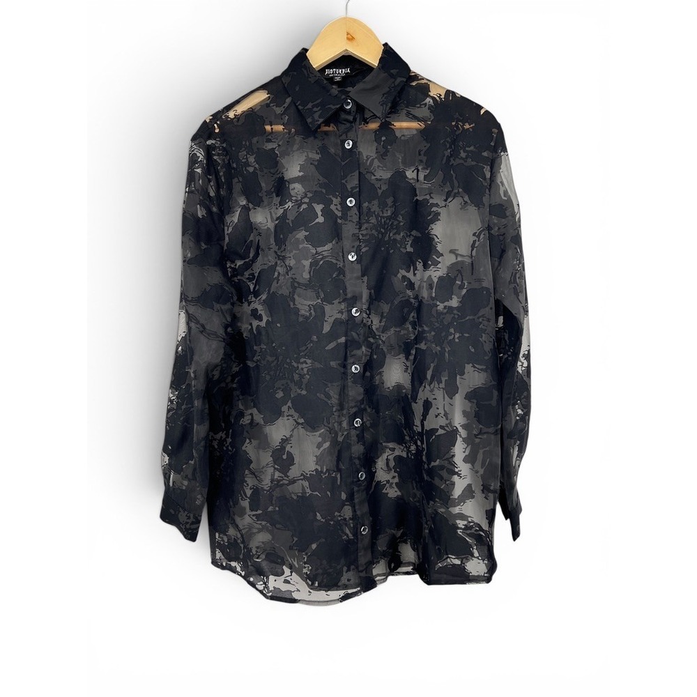 Disturbia Black Sheer Floral Burnout Button Down Shirt Gothic Blouse US4